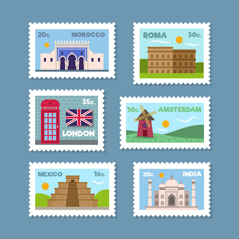 城市建筑邮票矢量素材(EPS/AI)