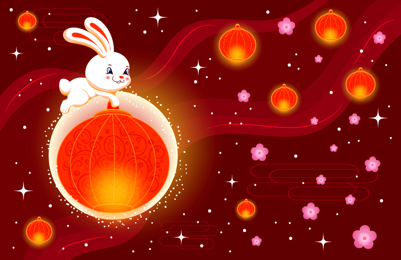 趴在灯笼上的兔子设计春节背景矢量素材(EPS)