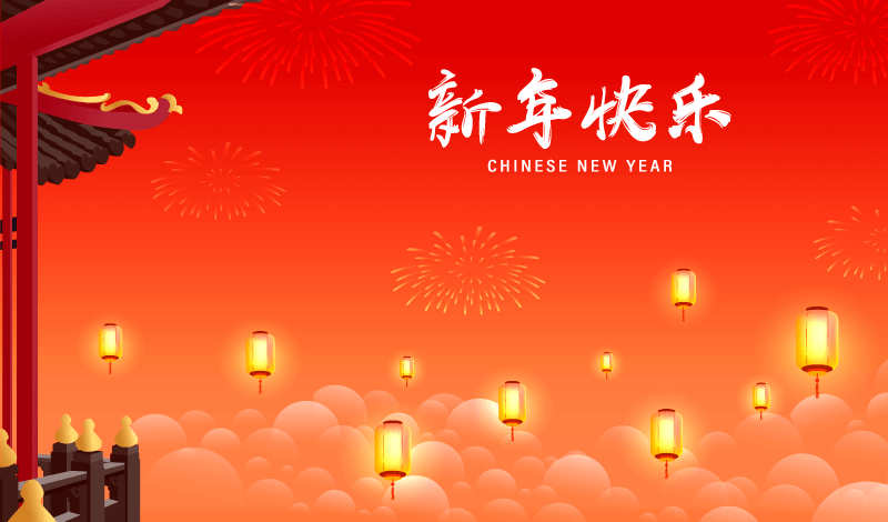 空中的烟花和孔明灯设计新年快乐春节背景矢量素材(EPS)