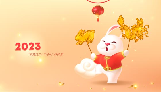 拿着糖片庆祝春节的小白兔2023春节背景矢量素材(EPS)