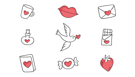 九个简单手绘风格的爱情元素矢量素材(AI/EPS/免扣PNG)