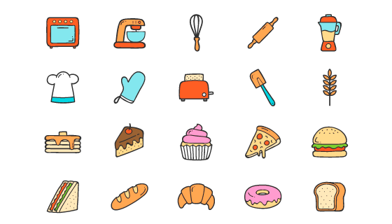 20个手绘涂鸦风格的餐饮工具和食物图标矢量素材(EPS/免扣 PNG)
