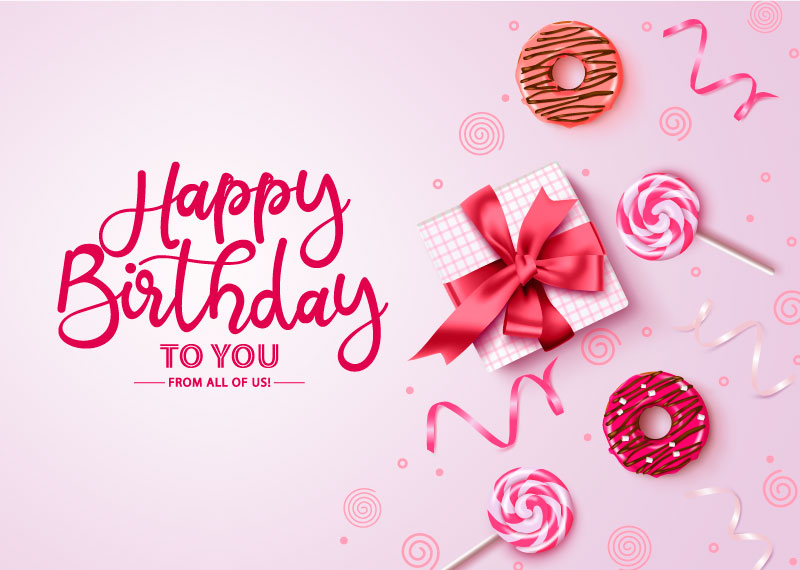 精美礼物和棒棒糖甜甜圈设计生日快乐背景图片矢量素材(EPS)