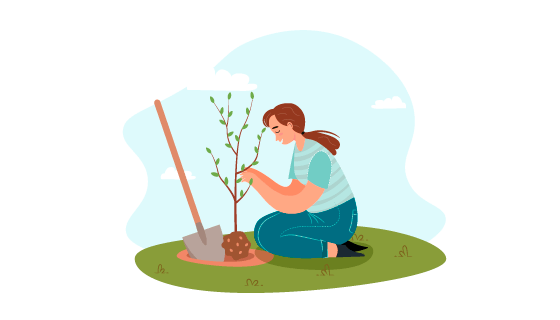 蹲在地上种树的女子矢量素材(EPS)
