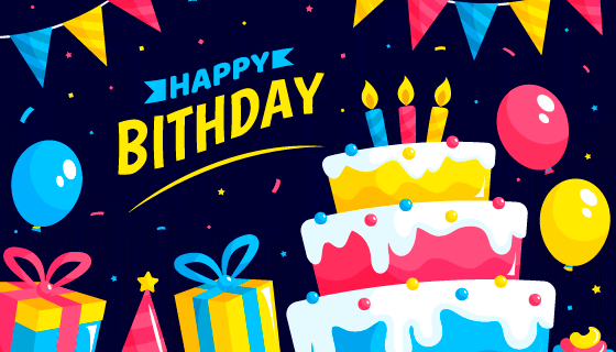 扁平风格的生日蛋糕礼物和气球设计生日快乐矢量素材(AI/EPS)