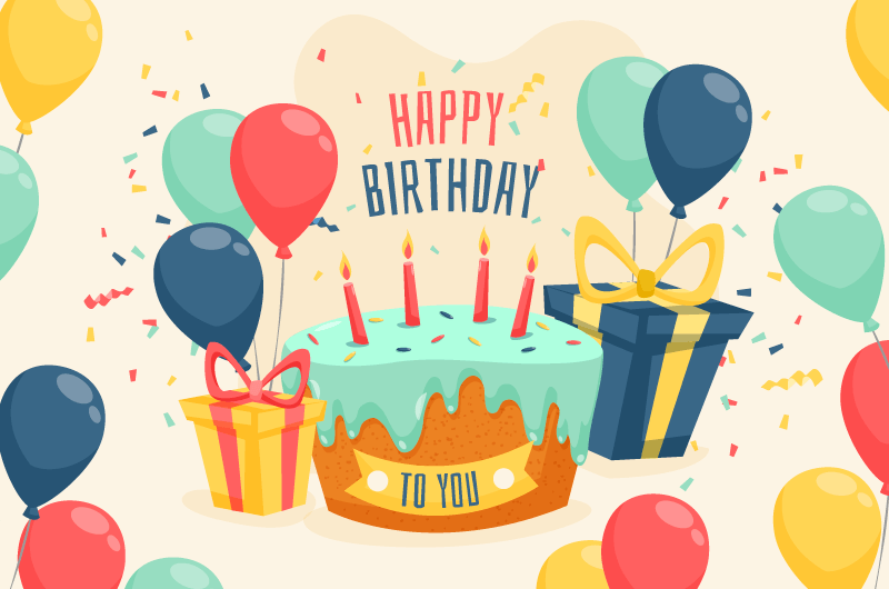生日蛋糕礼物气球等设计生日快乐背景矢量素材(AI/EPS)