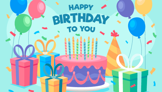 生日蛋糕和礼物气球设计生日快乐背景矢量素材(AI/EPS)