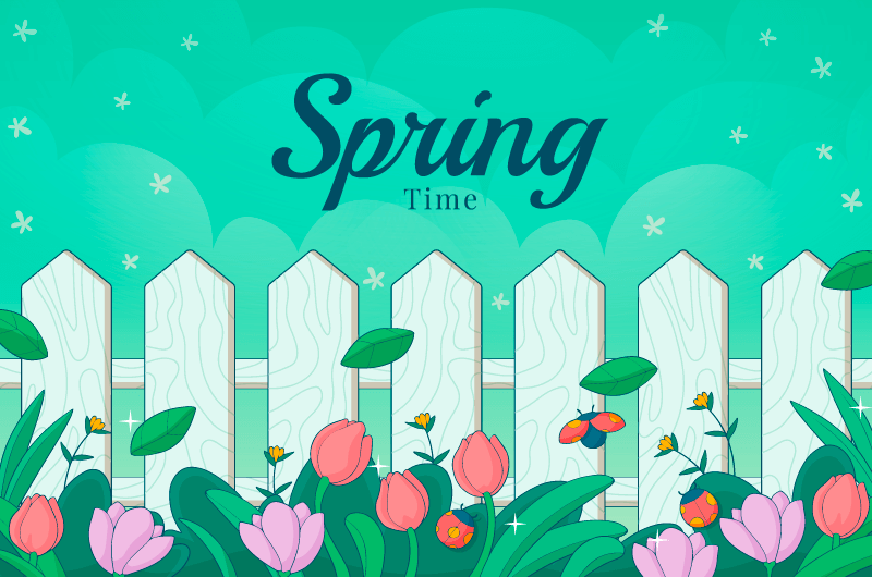 手绘风格美丽的花朵和围栏设计春天背景矢量素材(AI/EPS)