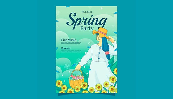 向日葵花丛中采花的女子设计春天海报矢量素材(AI/EPS)