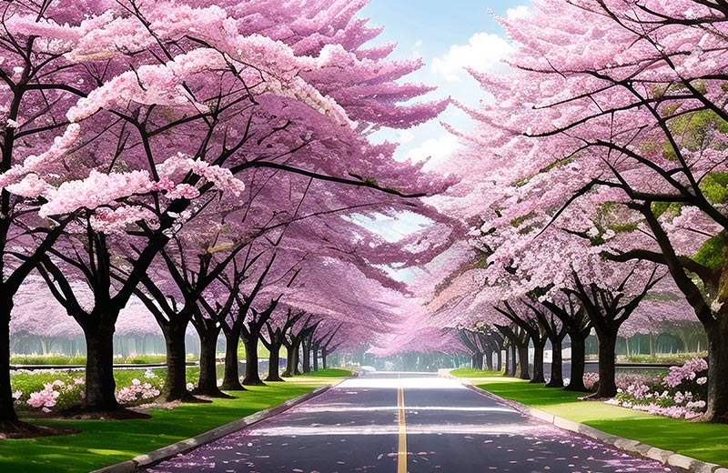 两边盛开粉红色樱花的道路春天景色高清图片素材(JPG)