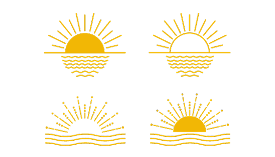 四个从海平面升起的太阳简笔画矢量素材(EPS/PNG)