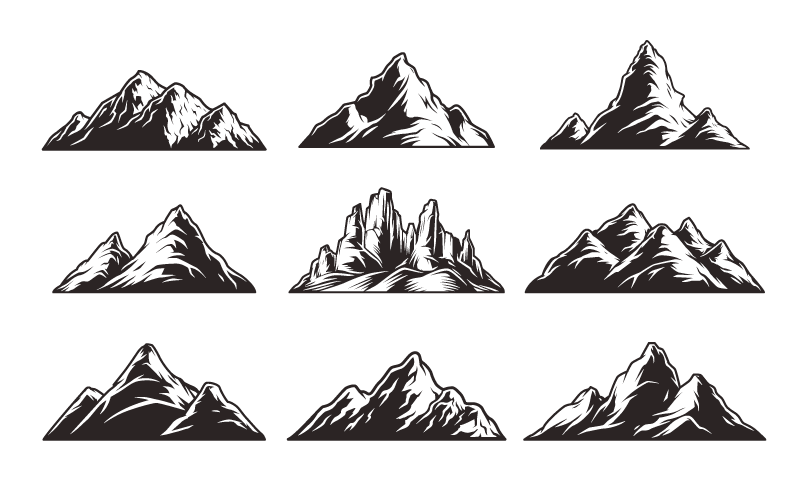 九个手绘黑白风格的山脉矢量素材(EPS/免扣 PNG)