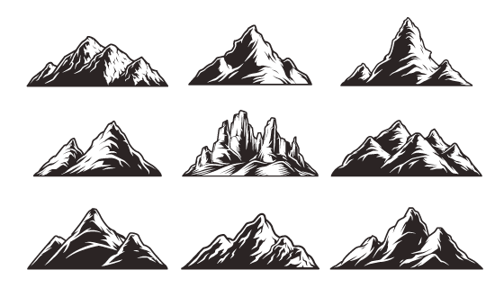九个手绘黑白风格的山脉矢量素材(EPS/PNG)