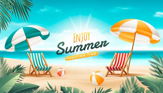阳光沙滩和躺椅设计惬意夏天背景矢量素材(AI/EPS)