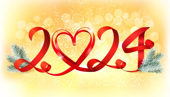 红色丝带设计2024新年快乐背景矢量素材(EPS)