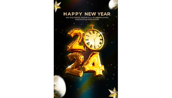 金色立体数字和钟表设计2024新年快乐海报图素材(PSD)