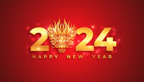金色龙头设计2024新年快乐背景图矢量素材(EPS)