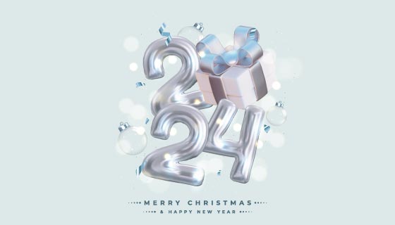 立体数字气球和精美礼物设计2024新年快乐背景矢量素材(EPS)