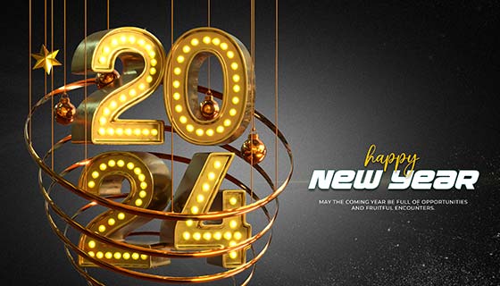 金色灯泡组成的数字设计2024新年快乐背景图素材(PSD)