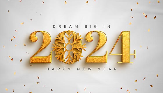 金色数字和雪花设计2024新年快乐背景图素材(PSD)