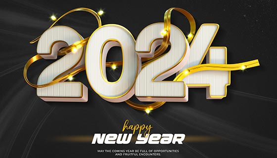 金色丝带缠绕白色立体数字设计2024新年快乐背景图素材(PSD)