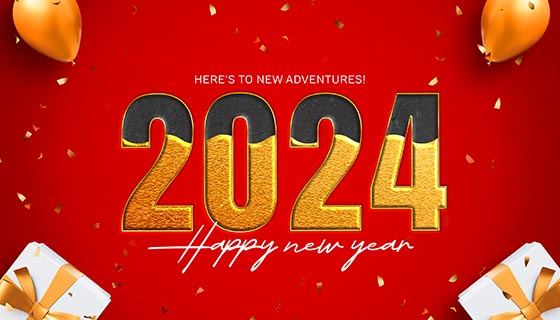 金色液体数字设计红色2024新年快乐背景图素材(PSD)