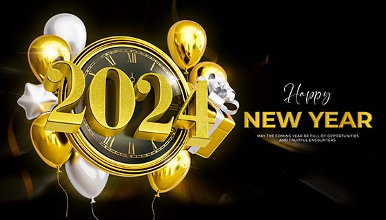 时钟气球和立体数字设计2024新年快乐背景图素材(PSD)