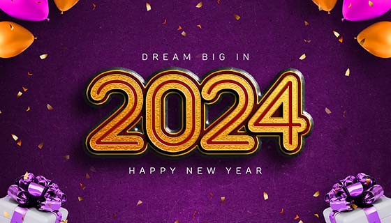 金色金属数字设计2024新年快乐背景图素材(PSD)