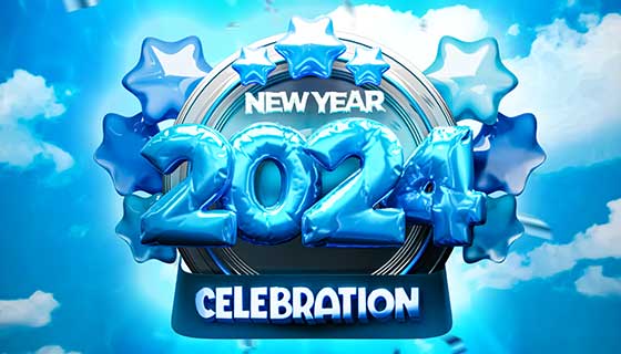 蓝色数字气球设计2024新年快乐背景图素材(PSD)