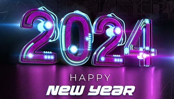赛博朋克风格设计2024新年快乐背景图素材(PSD)