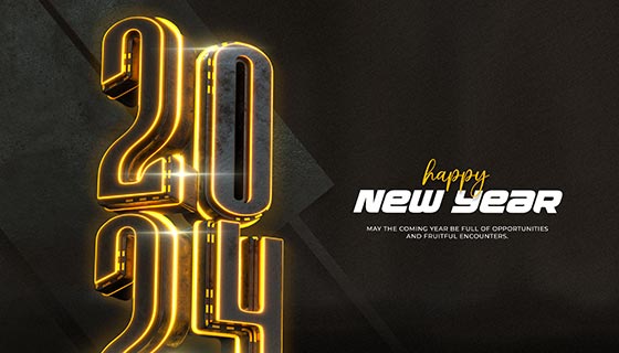 金色发光金属数字设计2024新年快乐背景图素材(PSD)