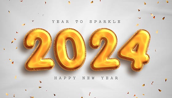 金黄色数字气球设计2024新年快乐背景图素材(PSD)