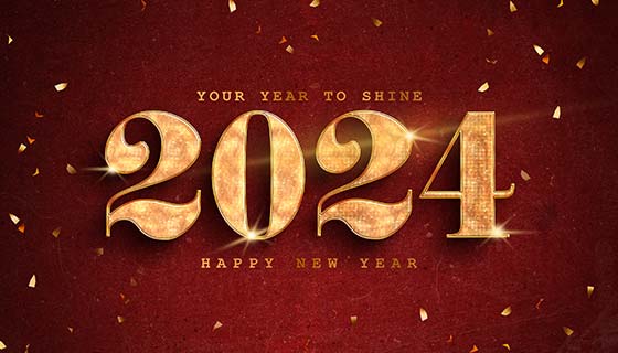 金色闪亮的数字设计2024新年快乐背景图素材(PSD)