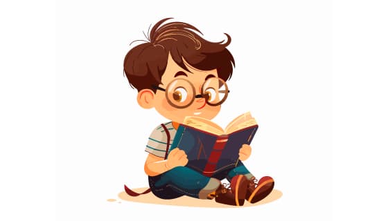 卡通风格戴着眼镜坐在地上看书的小男孩矢量素材(EPS)