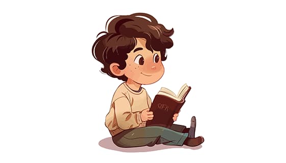 卡通风格坐在地上看书的小男孩矢量素材(EPS)
