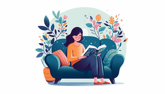 扁平多彩风格坐在沙发上看书的女孩图片素材(JPG)
