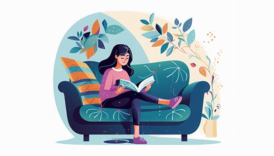 坐在沙发上翘着二郎腿看书的女孩插画矢量素材(JPG)