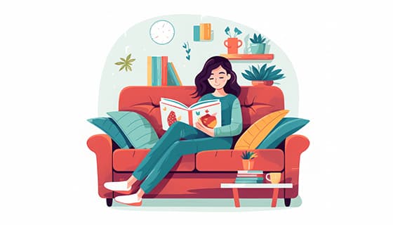 坐在沙发悠闲看书的女孩插画矢量素材(JPG)
