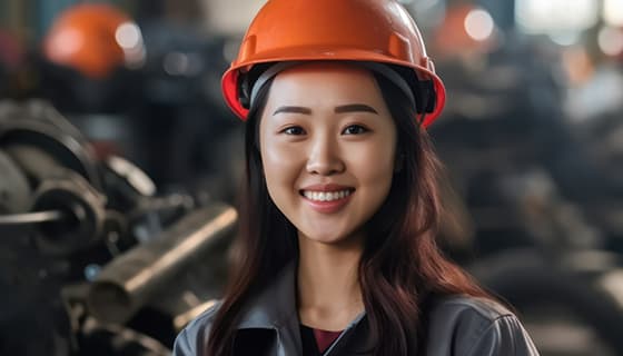 带着橙色安全帽微笑的女工人高清图片素材(JPG)