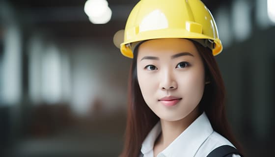 带着安全帽年轻女工程师高清图片素材(JPG)