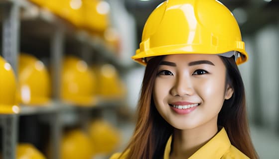 带着黄色安全帽年轻女工程师高清图片素材(JPG)