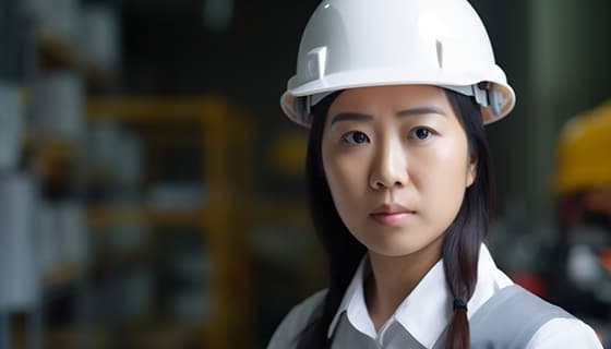 带着白色安全帽年轻女工程师高清图片素材(JPG)