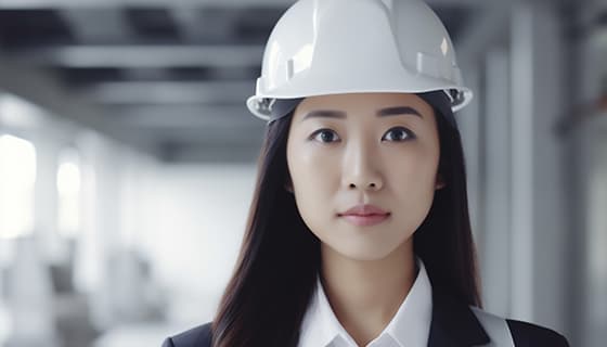 带着白色安全帽年轻女工程师高清图片素材(JPG)