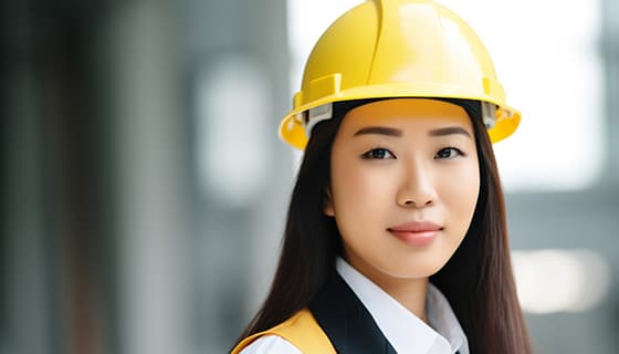 带着黄色安全帽的年轻女工程师高清图片素材(JPG)