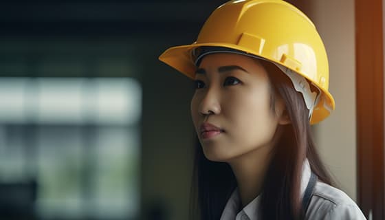 带着黄色头盔安全帽的年轻女工程师高清图片素材(JPG)