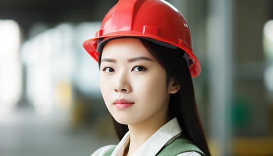 带着红色头盔安全帽的年轻女工程师高清图片素材(JPG)