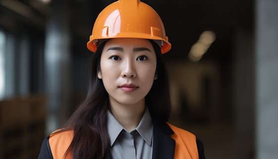 带着橙色头盔安全帽的年轻女工程师高清图片素材(JPG)