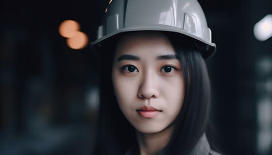 带着灰色头盔安全帽的年轻女工程师高清图片素材(JPG)