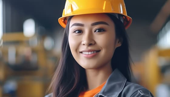 带着黄色头盔安全帽的女建筑工人高清图片素材(JPG)
