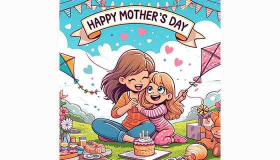 母女俩在户外庆祝母亲节快乐插画图片素材(JPG)